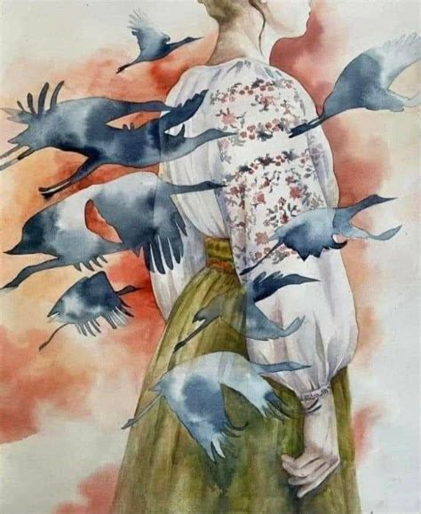 A Painting Of A Woman With Many Birds Flying Around Her Head And Hands