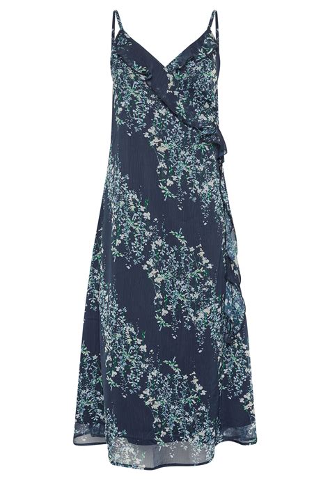 Petite Navy Blue Floral Print Frill Midi Dress PixieGirl