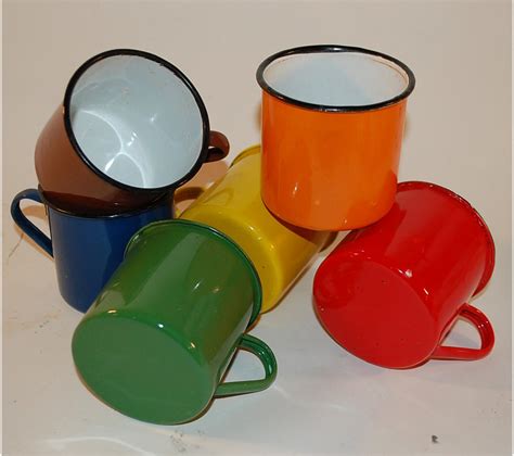 Six Vintage Enamel Mugs Camping Kitchen Use