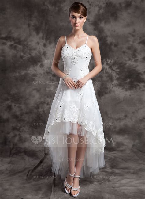 A Line Princess V Neck Asymmetrical Organza Tulle Wedding Dress With