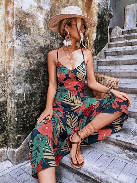 Shein Vcay Random Tropical Print Criss Cross Backless Cami Dress Shein Uk