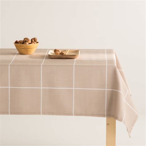 Nappe Imprim E Beige Avec Traitement Anti Taches En Coton X Cm