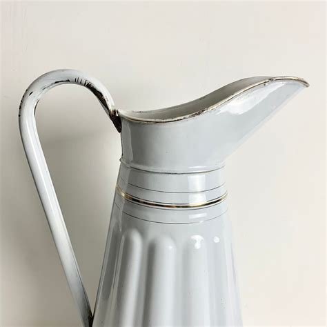 French Antique White Fluted Enamel Pitcher Enamelware Jug White