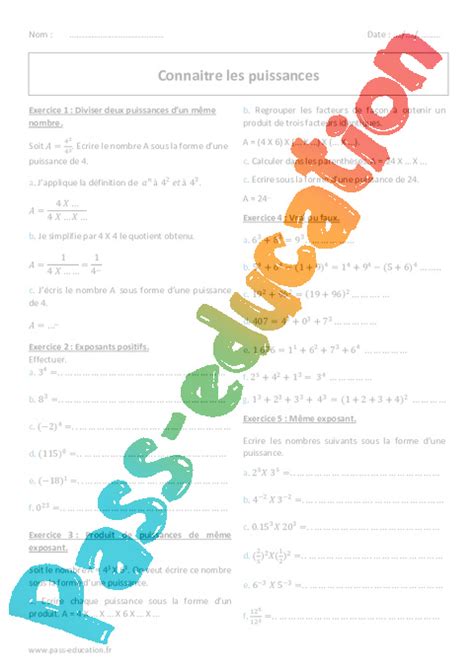 Puissances 4ème Exercices corrigés PDF à imprimer