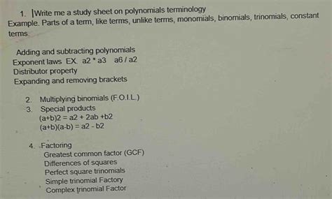 Solved 1 Write Me A Study Sheet On Polynomials Terminology Example