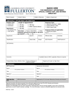 Fillable Online Hr Fullerton Hr Quick Hire Form Human Resources