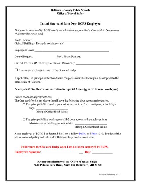 Fillable Online Initial One Card For A New BCPS Employee Fax Email