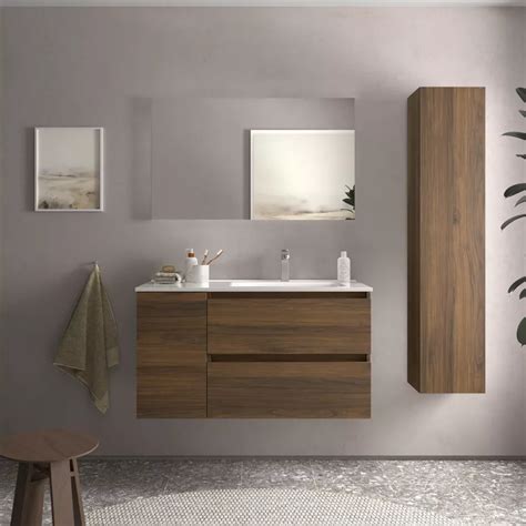 Mobile Bagno Sospeso 100 Cm Noce Maya Con Vano E Lavabo Dx Con Specchio