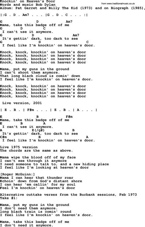 Bob Dylan Song Lyrics With Chords Knockin On Heaven S Door Bob Dylan Songs Guitar Chords