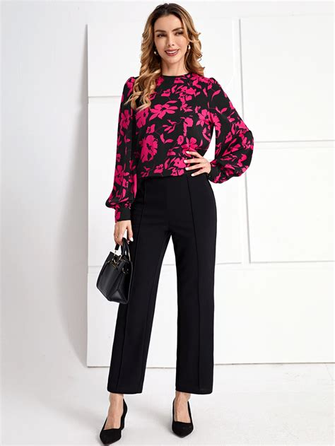 Emery Rose Floral Print Lantern Sleeve Blouse Shein