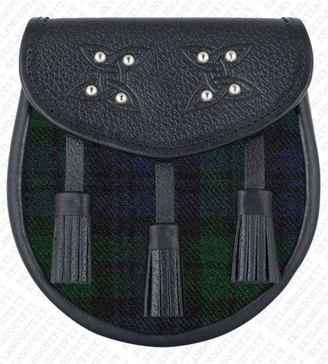 Premium Quality Black Leather Black Watch Tartan Scottish Day Sporran