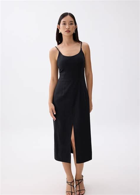 Linen Padded Column Midi Dress Love Bonito Id