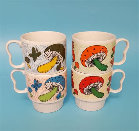 Vintage 70s Stackable Mushroom Mugs Set Of 4 Red Green Orange And Blue