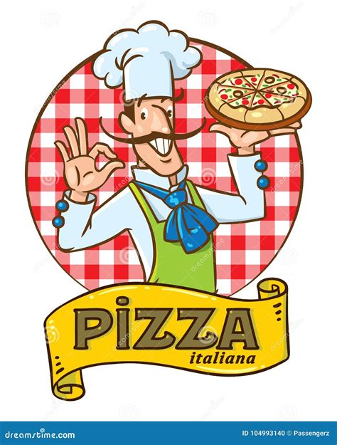 Grappige Italiaanse Chef Kok Met Pizza Het Ontwerp Van Het Embleem