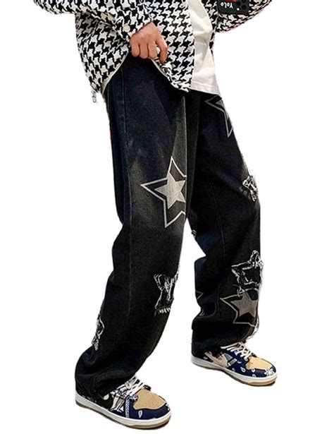 Chicvoy Mens Y2k Jeans Aesthetic Baggy Hip Hop Star Pants Grunge Loose Denim Jogger Y2k Fashion