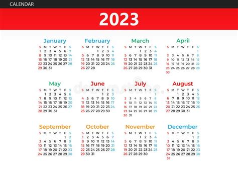 2023 Calendar Year Vector Illustration The Week Starts On Sunday Stock