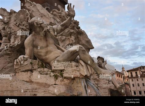 Rome Piazza Navona Fountain Of The Four Rivers Realizes By The