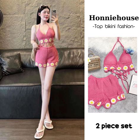 Giao hàng nhanh Hà Nội Set đồ bơi bikini len móc 2 món gồm áo bra sắc màu quần sóc cạp chun 1