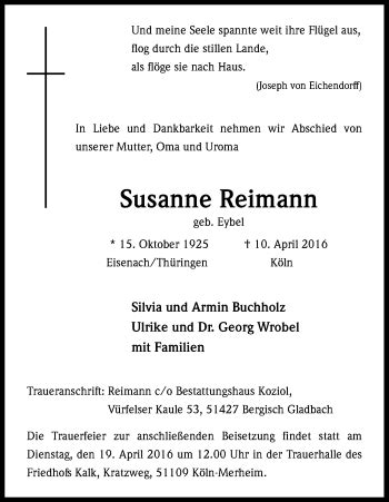 Traueranzeigen Von Susanne Reimann Wirtrauern