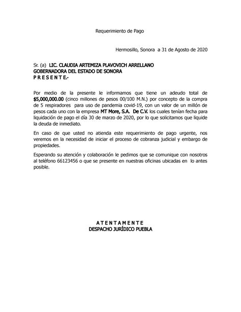 Requerimiento De Pago Requerimiento De Pago Hermosillo Sonora A 31 De Agosto De 2020 Sr A