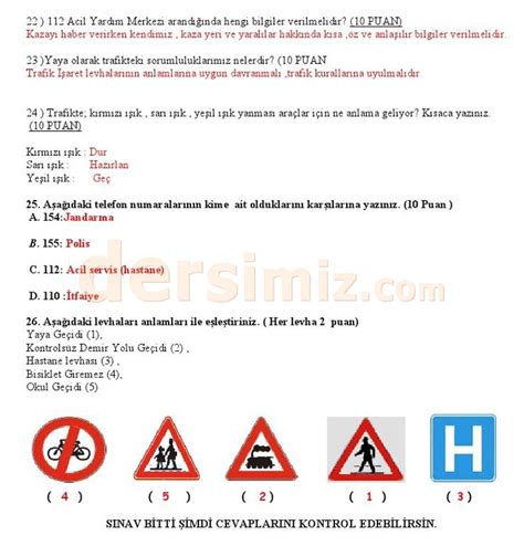 4 Sınıf trafik güvenliği dersi 1 dönem 2 yazılı sınav soruları