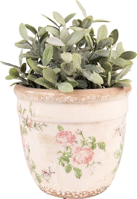 Clayre Eef Bloempot Ø 18x17 cm Roze Beige Keramiek Rond Bloemen