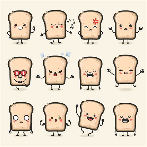 Premium Vector Set Of Cute Bread Character In Different Action Emotion