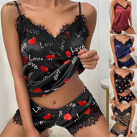 Summer Women S Lace Sexy Sling Print Pajamas Set V Neck Stretch Satin Sexy Lingerie Pajamas Home
