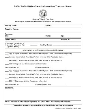 Fillable Online Ncdhhs 2008 2009 Client Information Transfer Form NC