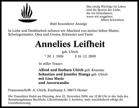 Traueranzeigen Von Annelies Leifheit Trauer In Nrw De