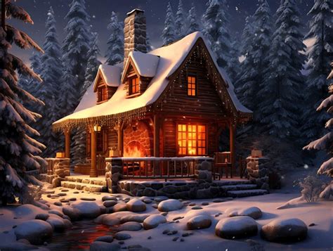 Premium Photo | Winter cabin in a snowy forest with a warm fireplace