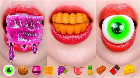 Asmr Emoji Food Challenge 👀🍯💗🧇🍇👅🍍🧱🧀 입술먹방👄이모티콘 먹방 Eating Sounds Youtube