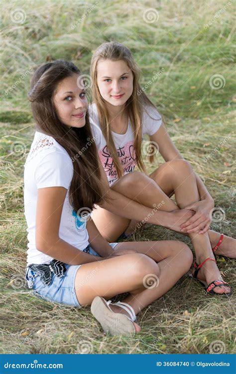 Two Girls Of 14 Years On Nature Stock Photo Image Of Long Slim 36084740