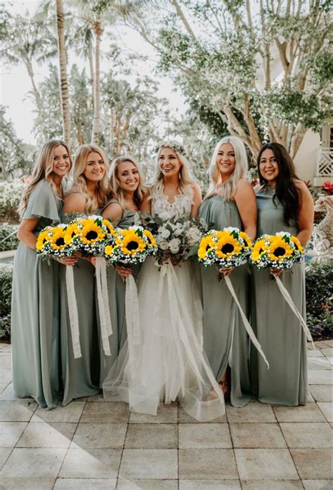 Sage Bridesmaid Dresses With Sunflowers Sunflower Themed Wedding