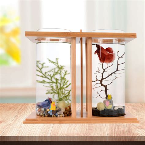 Degree Rotating Glass Betta Fish Tank Bamboo Base Mini Off