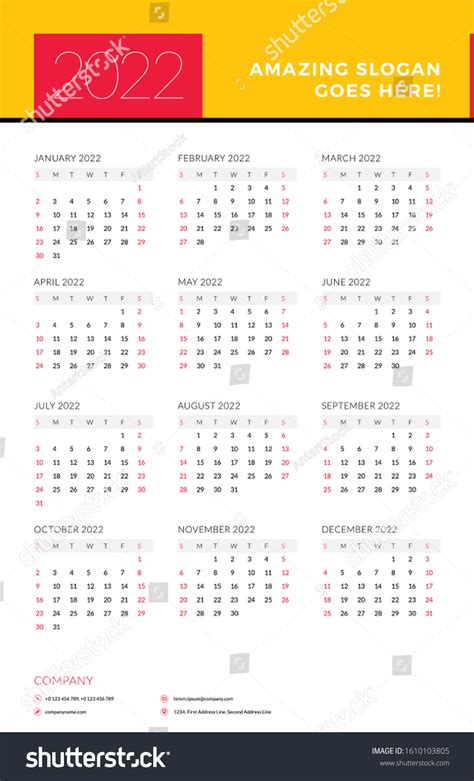 Calendar 2022 Year Week Starts On 库存矢量图（免版税）1610103805 Shutterstock