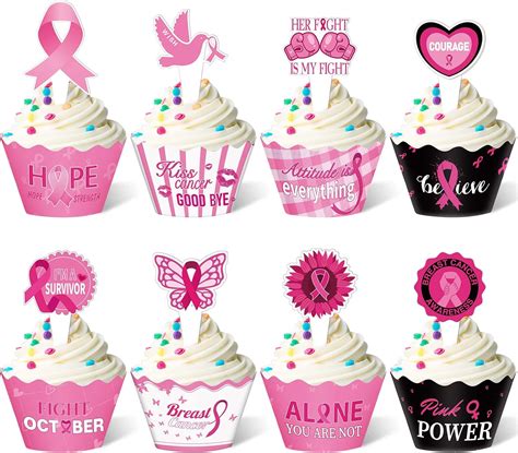 Perthlin 96 Pieces Breast Cancer Awareness Cupcake Wrappers Toppers