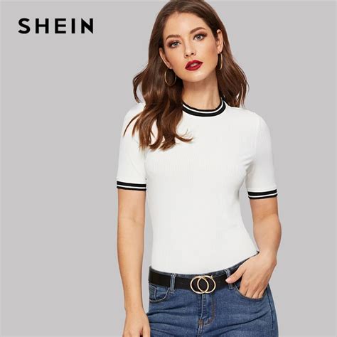 Shein White Rib Knit Striped Ringer O Neck Tee Slim Fit Casual T Shirt Women Short Sleeve 2019