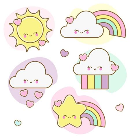 Sol Colorido Nube Arco Iris Y Estrella Con Cara Kawaii Vector