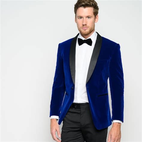 Men S Blue Slim Fit Velvet Shawl Lapel Tuxedo Jacket Etsy