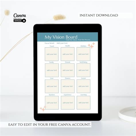 Editable Vision Board Template Printable Vision Board Digital Vision