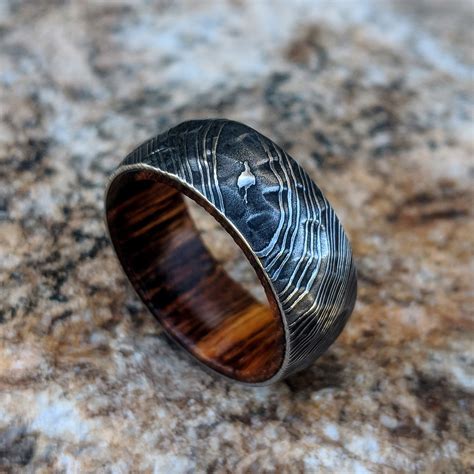 Mens Wedding Band Damascus Steel Ring With Ironwood Sleeve Etsy