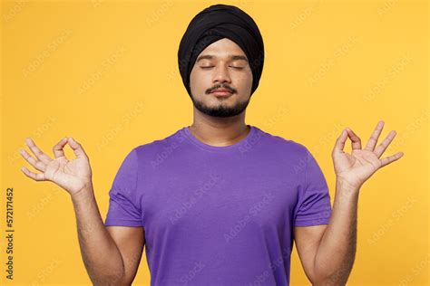 Devotee Sikh Indian Man Tie His Traditional Turban Dastar Wear Purple T Shirt Hold Spread Hands