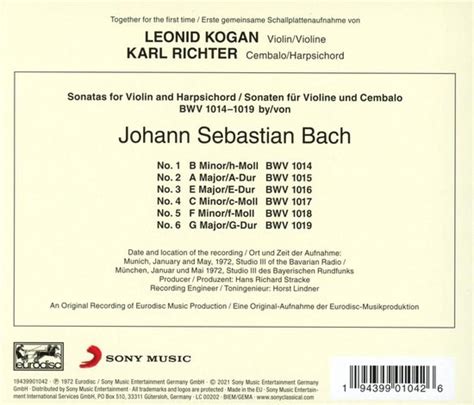 Bach Sonatas For Violin And Harpsichord Bwv Kogan Leonid