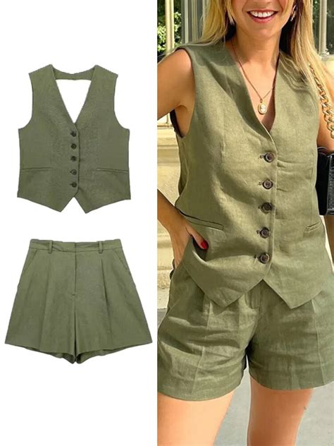 Traf Vrouwen Solid Vest Blazer Sets Zomer V Hals Enkele Breasted