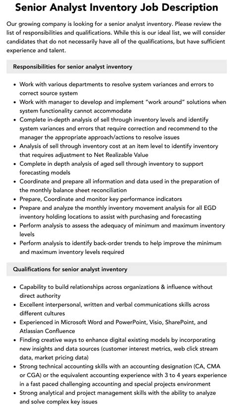 Senior Analyst Inventory Job Description Velvet Jobs