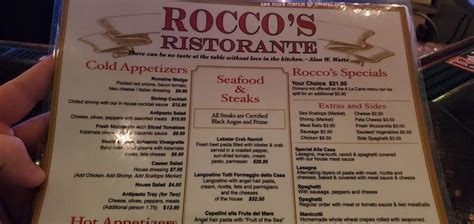 Menu at Rocco's Ristorante restaurant, Ceredo