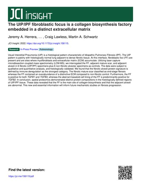 Pdf The Uipipf Fibroblastic Focus Is A Collagen Biosynthesis Factory