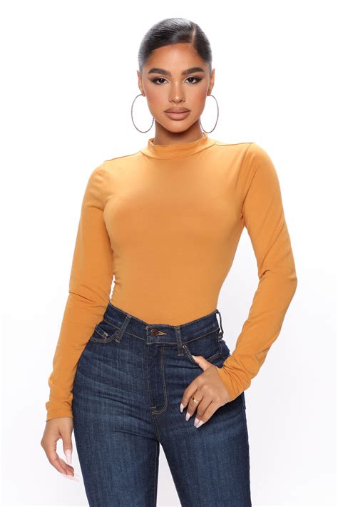 Melanie Mock Neck Bodysuit Mustard Fashion Nova Basic Tops