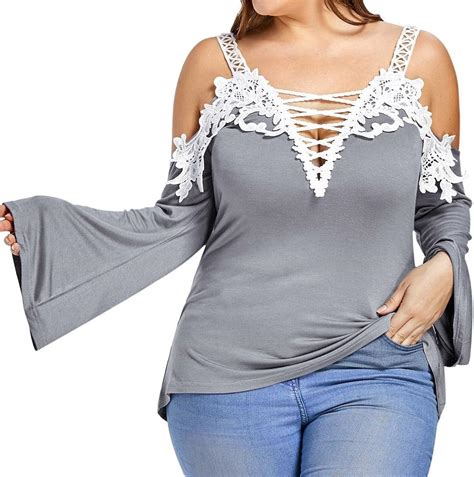 Women Sexy Plus Size Lace Cut Out Cold Shoulder Tops Blouse T Shirt